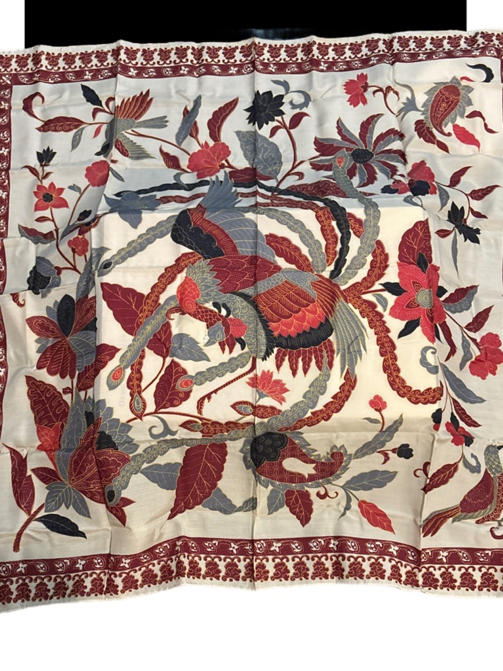 Bird Print Decorative Scarf in Cream, Burgundy & Gray Nwots